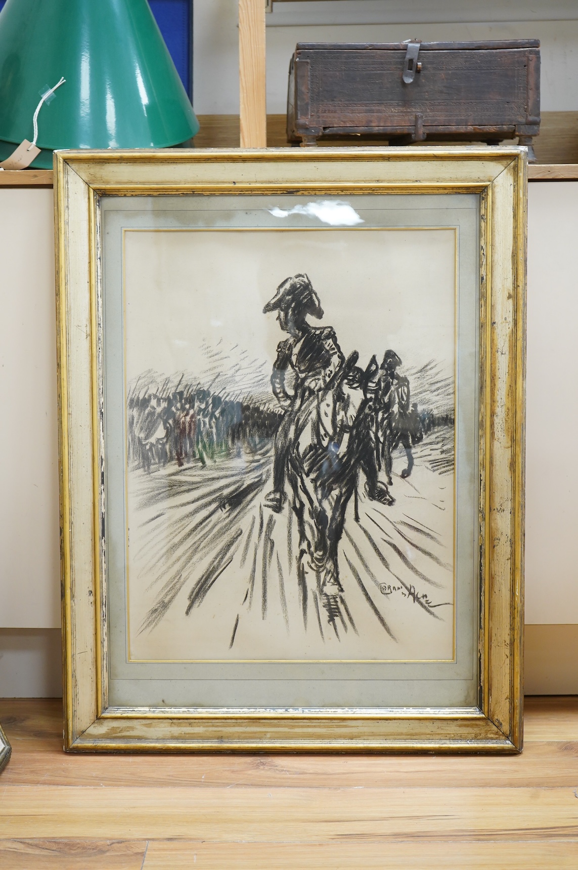 Emmanuel Poire (Caran D'Ache, 1858-1909), Mounted Calvary and Infantry, signed, charcoal, 61 x 36cm